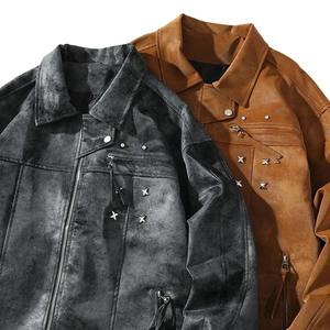 Casual Couple Grey Flower Leather Jacket for Men Metal Decorative Sheep Skin and Canvas Regular Type for Couples - Product Image 4