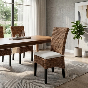 Chaise de salle à manger en feuilles de bananier tressées naturelles, dossier haut, en jonc de mer, avec coussin blanc, pour aménagement intérieur, mobilier et décoration, design artistique pur - Product Image 4