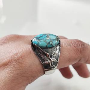 Anillo para hombre al por mayor, piedra preciosa turquesa de cobre azul Natural, anillo de piedra natal de diciembre, joyería fina árabe, anillo de Plata de Ley 925 - Product Image 4