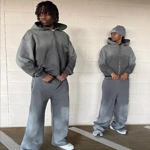 <b>Men's</b> Custom Oversized Full Zip up Hoodie <b>Pants</b> Set Wholesale Acid Washed Tracksuits with Rhinestone Winter <b>Crop</b> Hoodie for <b>Men</b> - Product Image 1