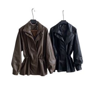 Veste en cuir véritable surdimensionnée respirante coupe-vent à fermeture éclair noire d'automne pour femmes Manteau en peau de mouton véritable en gros - Product Image 5