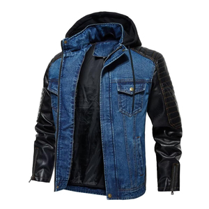 Chaqueta de tendencia superior para hombres, venta al por mayor personalizada, cuerpo de mezclilla, Mangas de cuero real, chaquetas de motorista con capucha Bomber con marca personalizada - Product Image 5
