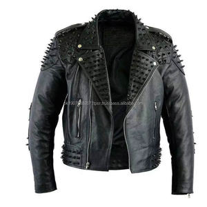 Veste en cuir de mouton noir pour homme, style rock punk, avec tissu en toile clouté - Product Image 1