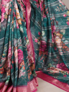 Saree de seda Tasar estampado de colección exclusiva con borde de viscosa y blusa sin costuras coordinada - Product Image 2