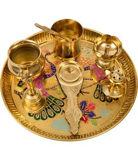 Ensemble de plateaux traditionnels dorés pour la Navratri Pooja, en laiton spécial, personnalisable, artisanat métallique pour Diwali, mariage, anniversaire - Product Image 1