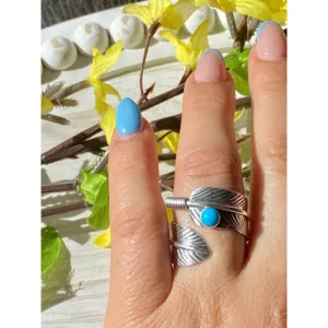 Kingman Turquoise <b>Sterling</b> <b>Silver</b> Feather <b>Ring</b> <b>Adjustable</b> Size Rose Gold Plated Bezel Setting Trendy Gift - Product Image 2