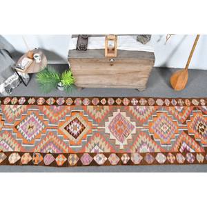 Tapis Vintage en Laine Turque 32X11 pieds Orange & Marron Ethnique Patchwork Design Plat Tissage Technique pour Décorations de Salon - Product Image 5