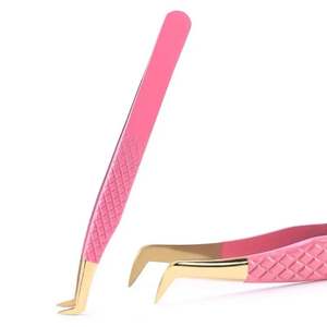 Pinces à épiler professionnelles en forme de L pour extensions de cils 3D, revêtement en poudre rose, outils incurvés pour l'application de volume - Product Image 6