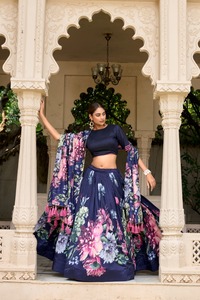 Trendmalls Lehenga Choli Clásico para Mujer con Cordones, Bordado, Estampado Floral de Satén con Dupatta (L276-Azul) - Product Image 3