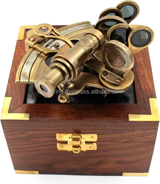 Nautisch Bronzen Sextant Messing Antiek Schip Astrolabium Navigatie Instrument Met Houten Kist