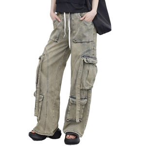 Men's Stonewashed Cargo Pants Wide Leg High Waist Elastic Waist Multiple Pockets Workwear Style Drawstring Closure <b>Canvas</b> - Product Image 1