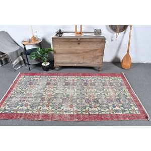 Alfombra turca Vintage, color rojo, Beige, 3,9x7,2 pies, área grande, diseño de retales de lana para pasillo, dormitorio, forma Rectangular, respaldo de látex - Product Image 1