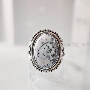 Bague femme opale dendritique naturelle pierre précieuse octobre pierre de naissance bohème bande Vintage bijoux faits à la main 925 bague en argent Sterling - Product Image 1