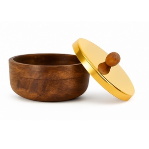 Cuenco de madera redondo de primera calidad con tapa de acero inoxidable y perilla de madera Plato de servicio elegante para decoración de comedor y cocina - Product Image 4