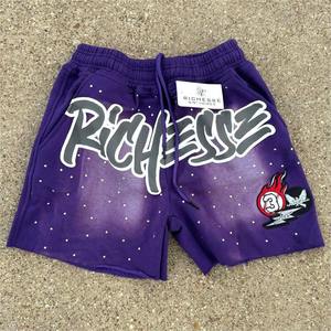 Custom Men Vintage Sun Dye Fade Sweat Cotton Shorts Raw Edge Puff Printing Men's Acid Wash Shorts - Product Image 3