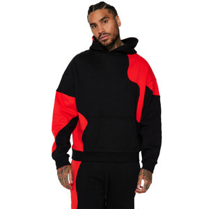 Sudadera con capucha de lana GSM 300 para hombre, negra con paneles de apliques de contraste rojo y bolsillo de canguro, a la moda para el invierno - Product Image 1