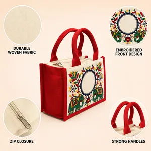 Bolsa de Lona Bordada con Elefantes Gemelos y Cierre de Cremallera, Estilo Bohemio - Product Image 4