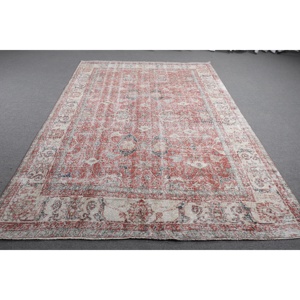 พรมวินเทจขนาด 6.8x10 ฟุต, พรมตุรกีขนาดใหญ่, พรมขนสัตว์สีแดงลายอิคัต - Product Image 1