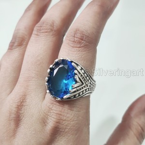 Grossiste Bague pour homme Topaze bleue suisse naturelle Pierre précieuse Novembre Bague pierre de naissance Bijoux arabes orientaux Bague en argent sterling 925 - Product Image 3