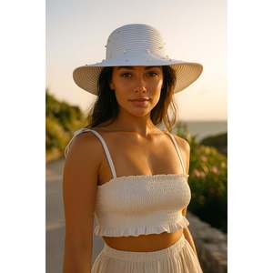 Chapeau de paille large orné de perles blanches Hsr2069 - Blanc3 - Product Image 3