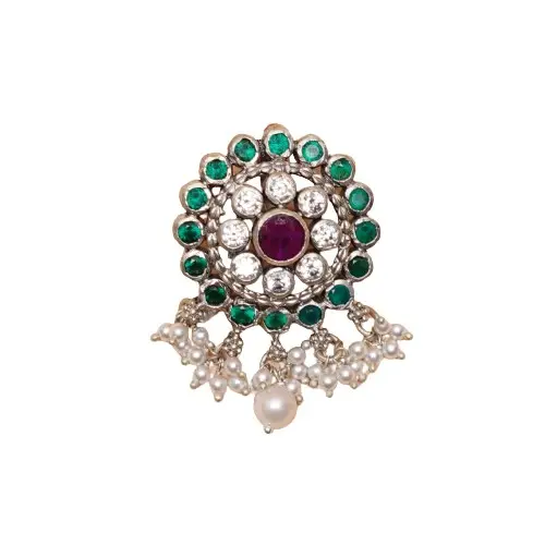 Splendid Floral Design Silver Gold Tone CZ Ruby Emerald Stone Pearl Beads Embellished Women Pendant on Ethnic Wear at Low Price