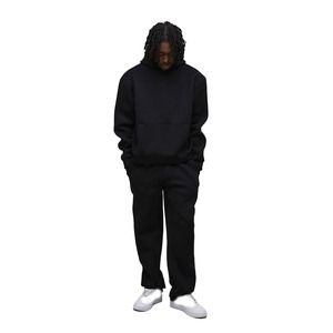 Ensemble sweat à capuche et pantalon de survêtement minimaliste noir 460GSM tenue de streetwear en polaire lourde pour hommes OEM Private Label Factory - Product Image 1