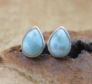 Handmade Classical Stud Earrings 925 <b>Solid</b> <b>Silver</b> Jewelry For Women 925 Sterling <b>Silver</b> Larimar Gemstone Boho Style Earrings - Product Image 5