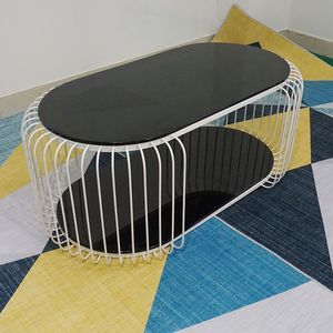 SFBT019-2-Tier White Iron Frame <b>Sofa</b> <b>Table</b> with <b>Black</b> Glass Top Women's Coats Accessory - Product Image 2