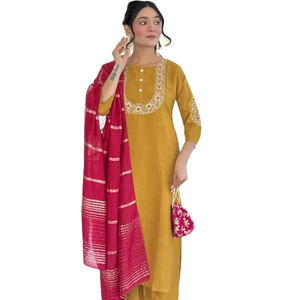 Celebre su estilo con nuestro más hermoso bordado de tela de seda VICHITRA trabajo étnico elegante Kurti SET/vestido tradicional - Product Image 1