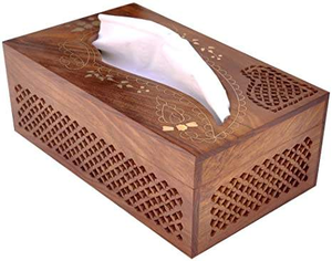 Boîte à mouchoirs en bois de manguier multifonctionnelle carrée minimaliste moderne de conception Prisma artisanale de qualité supérieure avec incrustation en laiton Jali - Product Image 1