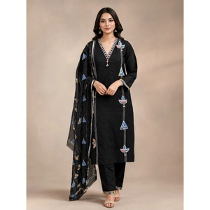 Ensemble 3 pièces pour femme en coton imprimé noir, style palazzo, avec dupatta, en tissu crêpe décontracté, respirant, brodé, élégant, de créateur, pour bas de tenue - Product Image 1