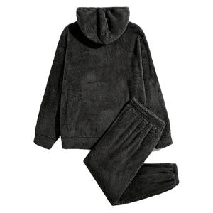 Men's Sherpa <b>Fleece</b> Solid <b>Oversized</b> <b>Hoodie</b> and Jogging Pants Set Four-Way Stretch Casual Loose Teddy Unisex Design for Winter - Product Image 6