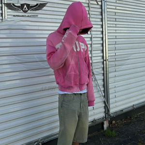 Breathable Soft Touch Material No Pocket Zip Up Style Blank Over Sized Patch Printing Acid Washed Distressed Embroidery Hoodies - Product Image 6