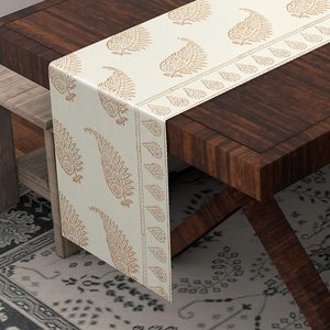 Camino de mesa de algodón a rayas Buti dorado pequeño de 33x180 cm para mesa de comedor, fiestas en la cocina - Product Image 3