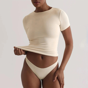 <b>Women</b> <b>White</b> <b>Short</b> <b>Sleeve</b> Crop Top O-Neck Slim Fit Solid Knitted T-<b>Shirt</b> Breathable All Seasons - Product Image 5