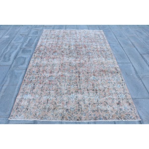 Turkish Rug 5x7.8 ft, <b>Brown</b> Blue Striped <b>Wool</b> Vintage Rug - Product Image 1