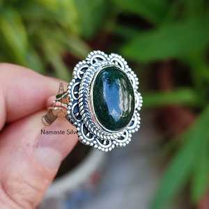 Anillo de Plata de Ley 925 con Jade Verde, Hecho a Mano, Estilo Boho, Anillo de Promesa con Gema Ovalada Natural, Piedra de Nacimiento de Marzo, Empaquetado en Caja - Product Image 2