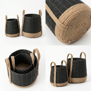 Natural Banana Bark Recycled <b>Plastic</b> <b>Basket</b> Set Black Cone Two Tone Strap Handle Belly Planter Pure Art Setup Room Decor Craft - Product Image 3