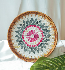 NEW ITEM Set of 3 Round Rattan Mother of Pearl Trays | Handmade Serving Tray for Livingroom Bedroom Kitchen 100% Eco-friendly - Product Image 3