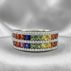 Bague de mariage haut de gamme en or blanc 18 carats avec saphirs et diamants pour femme, ornée de pierres colorées, large alliance pour soirée - Product Image 4