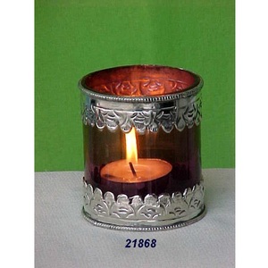 <b>Silver</b> Brass & Red Glass Tealight Votive <b>Candle</b> <b>Holder</b> for Home Decoration Item - Product Image 1