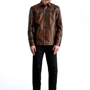 Camisa de cuero genuino de estilo clásico para hombre de nuevo diseño, camisas de cuero de diferentes colores de manga corta con cuello personalizado OEM - Product Image 1