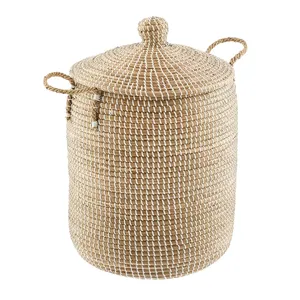 Cesta de mimbre cilíndrica más vendida con asa, cesta de hierba marina hecha a mano, elegante para el hogar, cocina, almacenamiento, uso bajo - Product Image 2