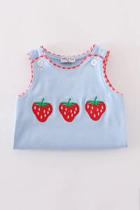 Ropa Infantil Honeydew, Lindo Vestido Azul Burbuja para Bebé con Bordado de Fresa, Algodón Suave Lavable, Traje de Verano con Cierre de Broche - Product Image 4