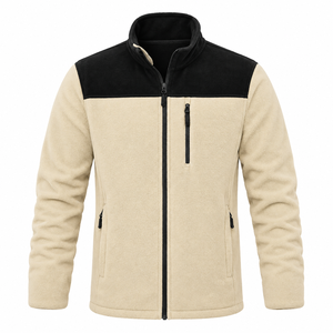 <b>Men's</b> beige Color Block <b>Fleece</b> Jacket Stand Collar Full Zip <b>Sherpa</b> Lined Long Sleeve Winter Coat - Product Image 1