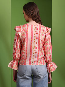 Top Ogee de mezcla de algodón Bandhani de manga larga con cuello redondo estampado - Product Image 3