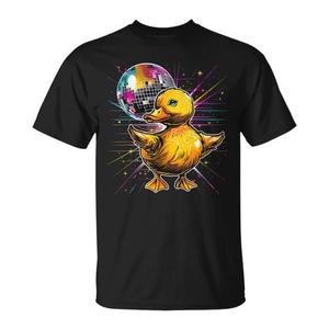 T-shirt unisexe adulte en coton noir 100% avec motif canard dansant et boule disco, idéal pour les soirées amusantes - Product Image 1