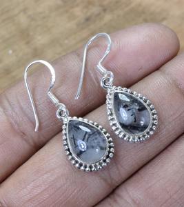 Simple Girl Handmade Black Rutile Gemstone 925 Solid Sterling Silver Dangle Boucles d'oreilles avec 925 Stamp Fine Jewelry for Women - Product Image 5