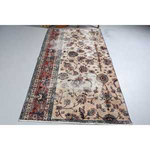 4.1x7.4 ft Area Vintage Rug, Turkish Rug, <b>Red</b> Blue Plants & trees <b>Wool</b> Rug - Product Image 3