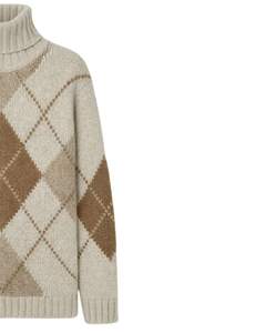 Suéter de Punto Personalizado de Primera Calidad para Mujer, Cuello Alto, Diseño Argyle, Suave y Cálido para Invierno, Estilo Casual, Color Beige Claro y Marrón - Product Image 4